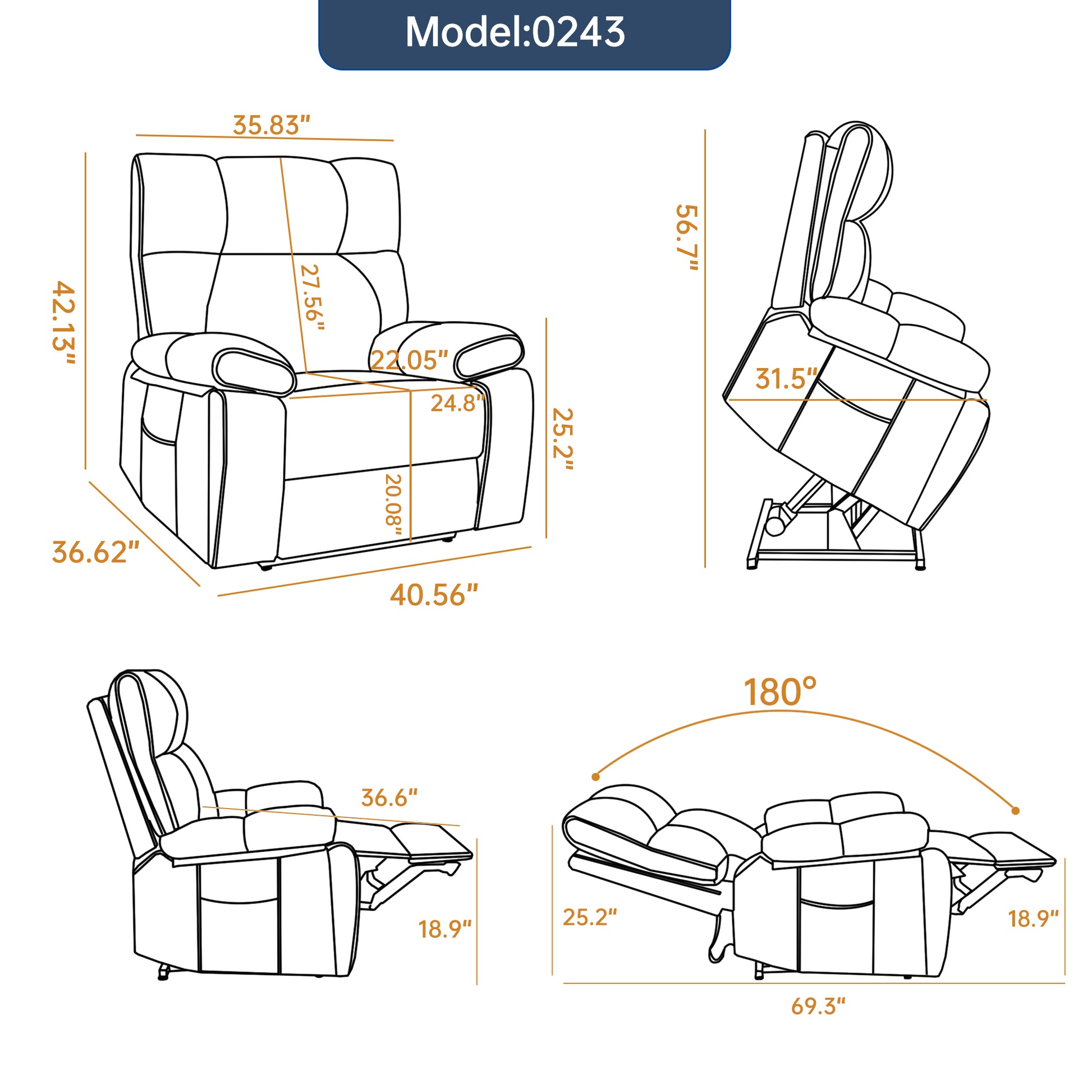 Orange Leatheraire Heat Massage Dual Motor Infinite Position Up to 350 LBS Large Electric Power Lift Recliners with Hidden Cup Holders, Power-Remote, Medium-firm and Heavy Duty image 3