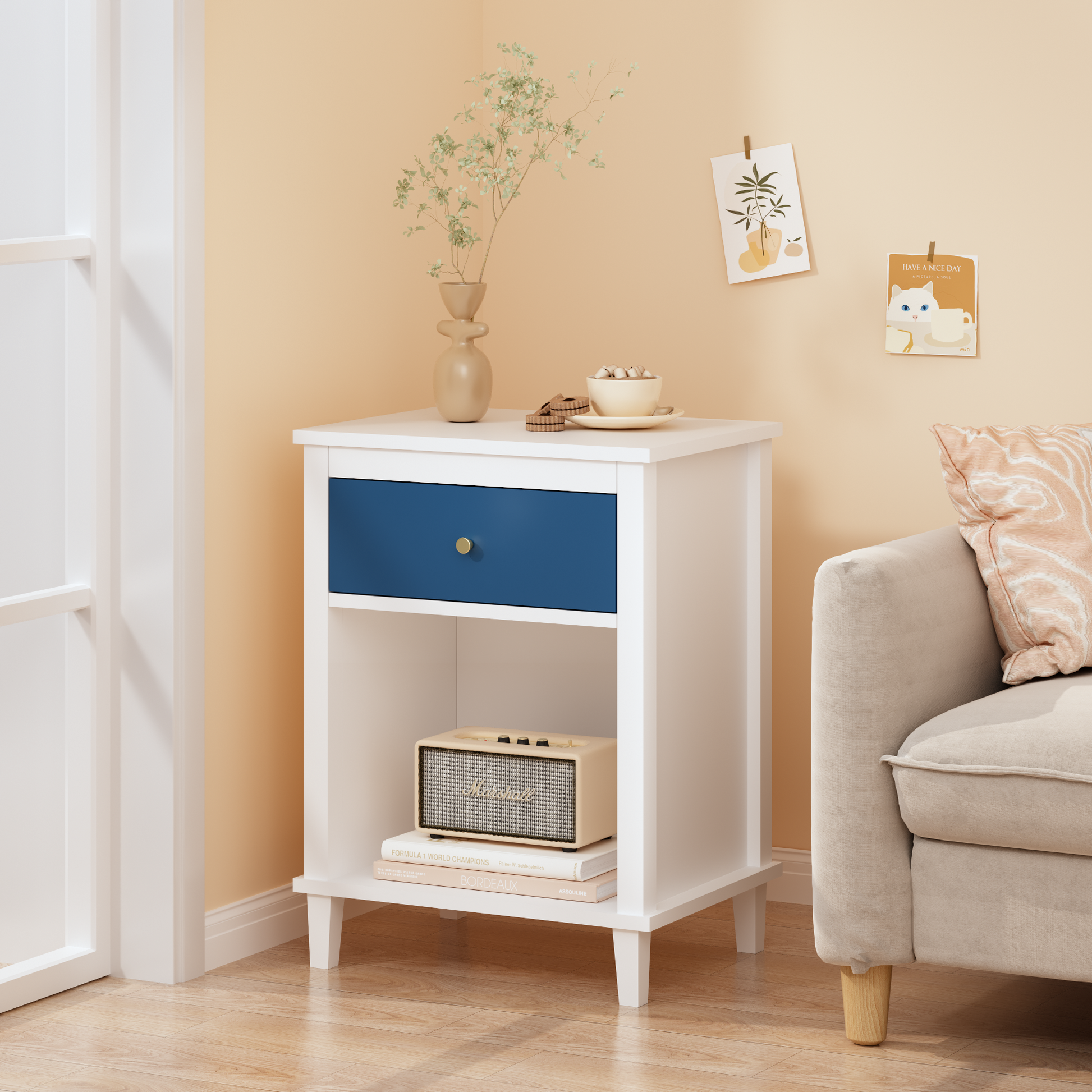 26.77''H Wooden Nightstand with One Drawer One Shelf for Kids, Adults, Navy+Golden handle image 12