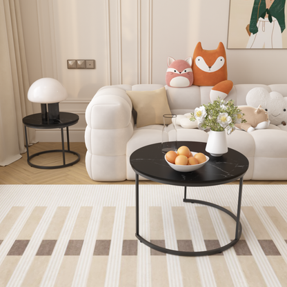 27.6" Nesting Coffee Table Set of 2, Round Coffee Table Wood Marble Pattern Top with Sturdy Metal Frame, End Table Side Tables for Living Room Bedroom Balcony Yard (Black) image 11