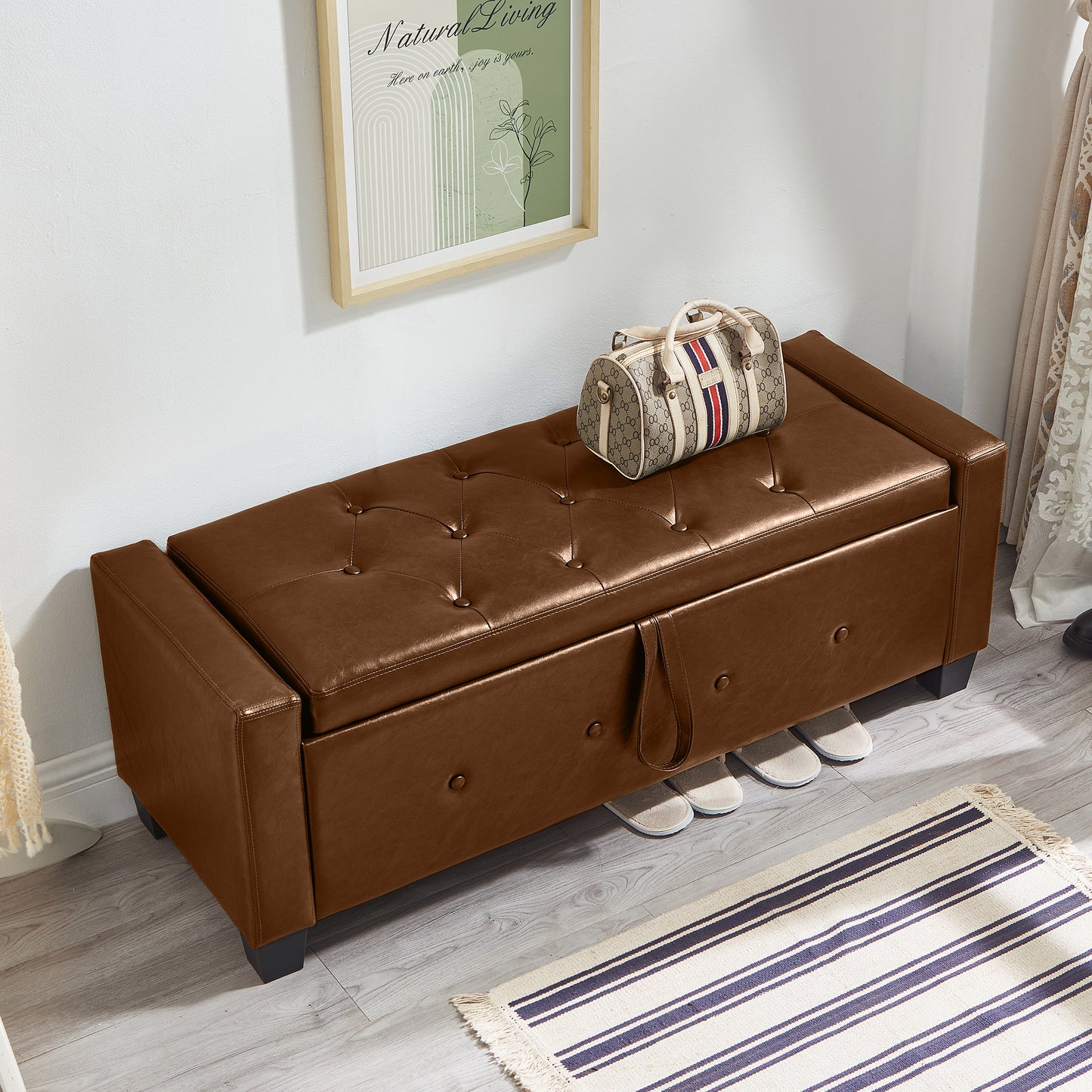 48" Ottoman Bench with Storage, Bench for Bedroom,Living Room,Hallway, Upholstered Tufted Faux Leather PU Ottoman Brown image 1
