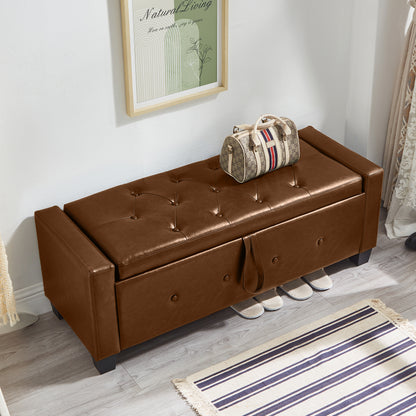 48" Ottoman Bench with Storage, Bench for Bedroom,Living Room,Hallway, Upholstered Tufted Faux Leather PU Ottoman Brown image 1