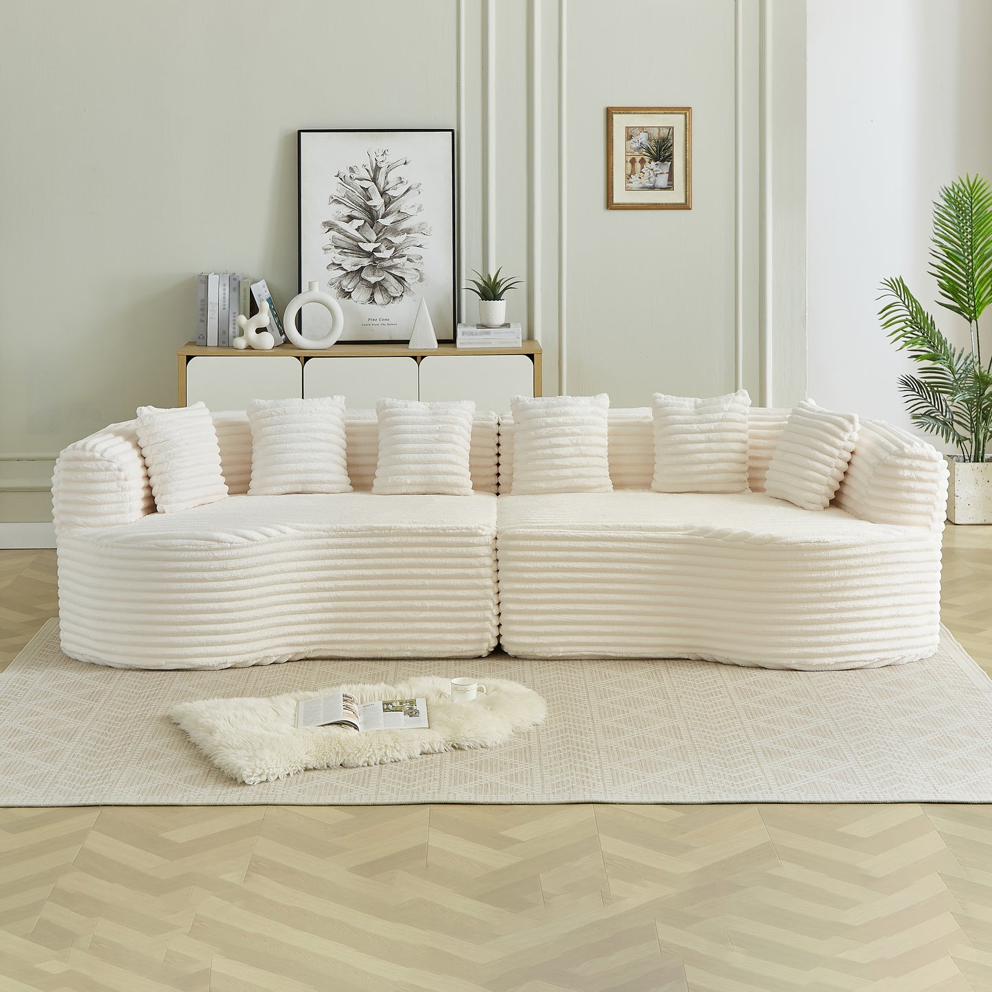 Curved Sectional Sofa, 111.5-inch Oversized Modern Bone-Free Cloud Sofa with 6 Pillows Luxury Corduroy Four-Seater Memory Foam Sofa with Deep Seat Design,beige W3505P355585 image 1