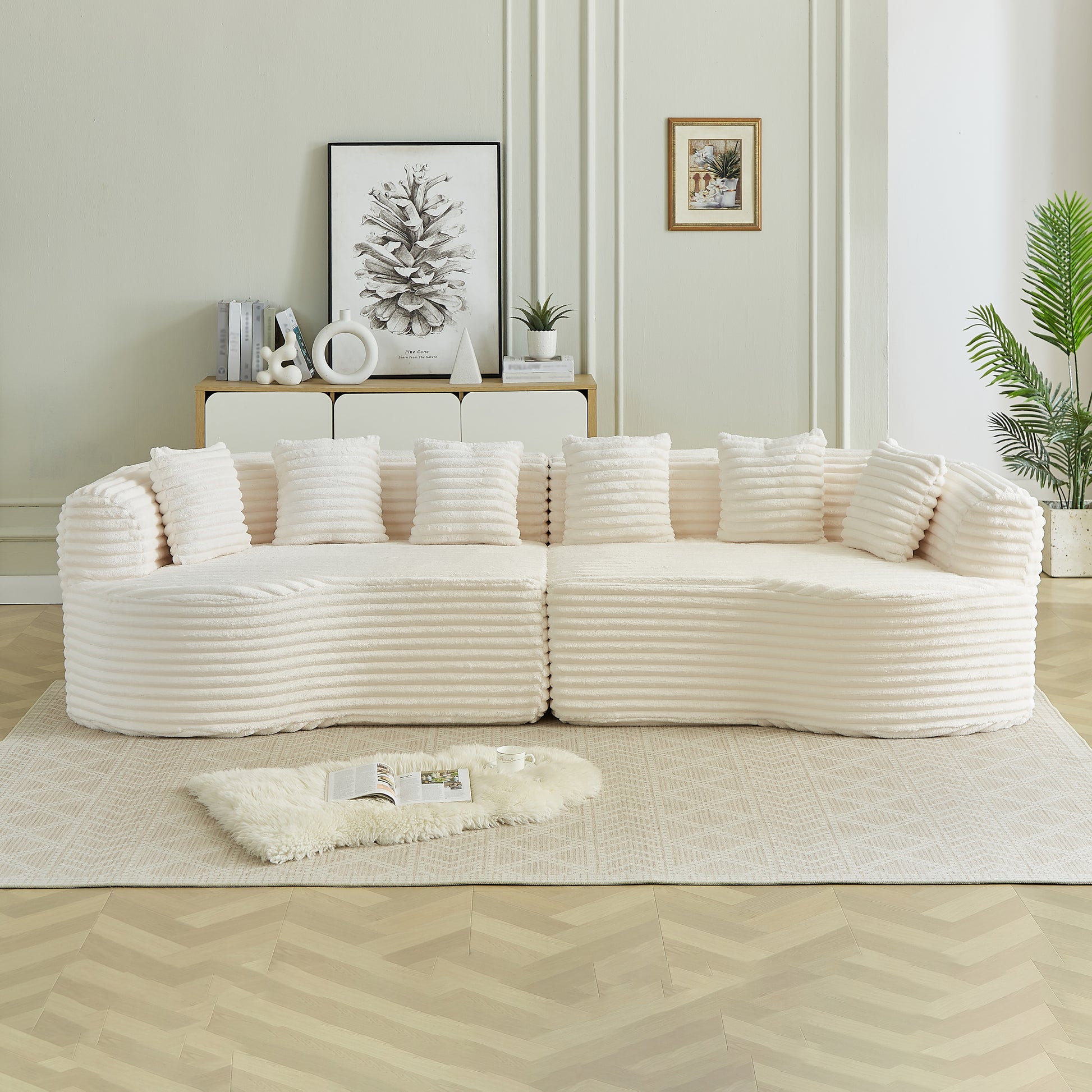 Curved Sectional Sofa, 111.5-inch Oversized Modern Bone-Free Cloud Sofa with 6 Pillows Luxury Corduroy Four-Seater Memory Foam Sofa with Deep Seat Design,beige W3505P355585 image 1