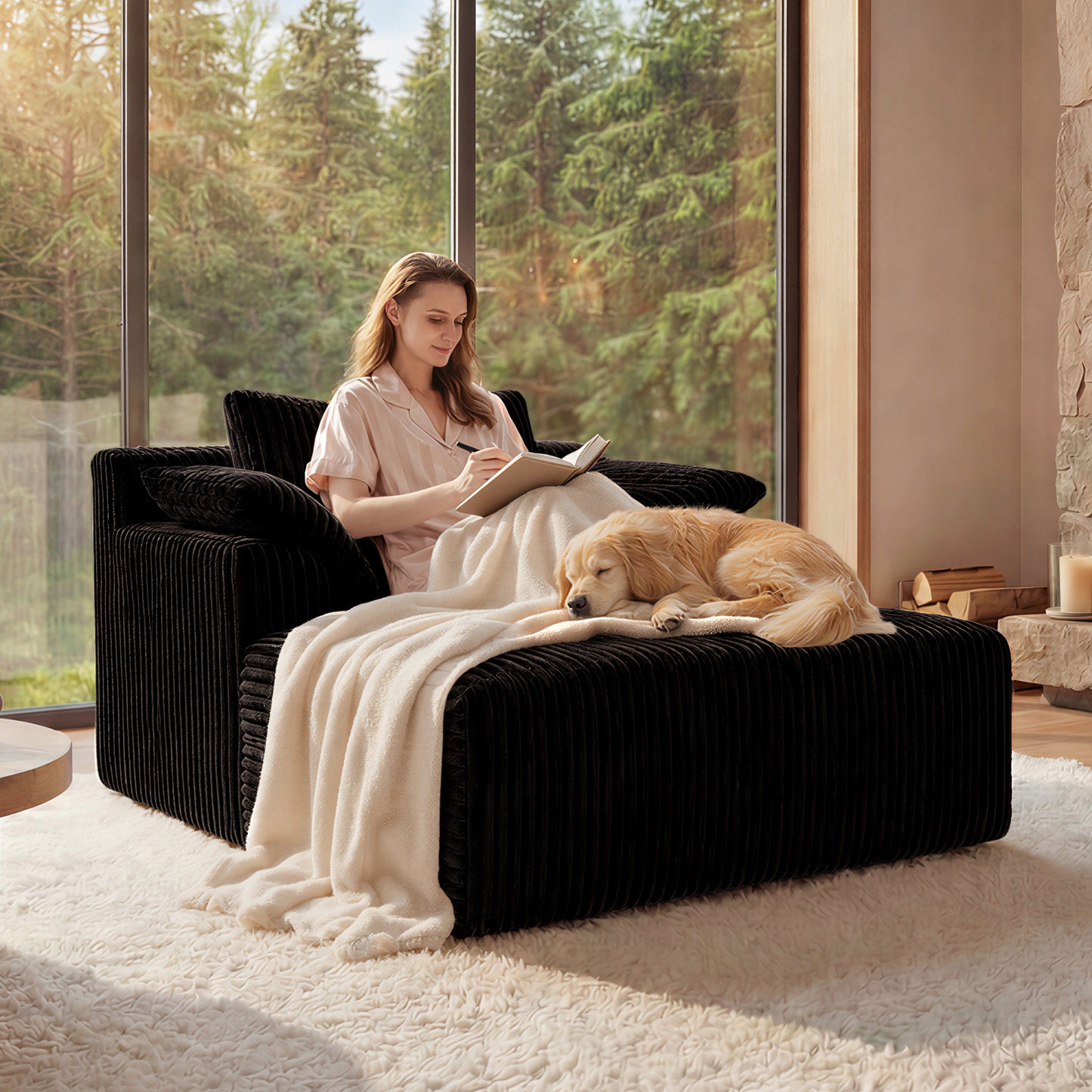 60 Inch Chaise Lounge Chair Indoor, Oversized Corduroy Upholstered Boneless Sofa Bed, Deep Seat Sleeper Couch Reading Chairs, Cloud Sofas Couches for Living Room, No Assembly Required (BLACK image 1