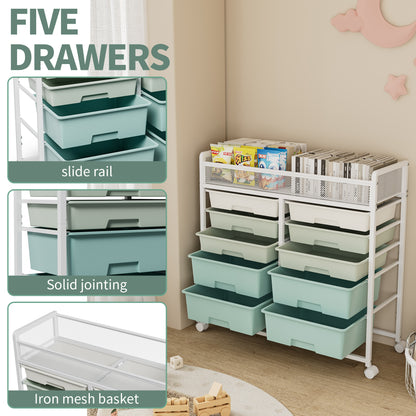 White Large Capacity 2-Row 10-Drawer Rolling Storage Cart, Metal Mesh Top Utility Organizer with Wheels, Multi-Layer Plastic Drawers for Kitchen, Bathroom, Bedroom, Office image 5