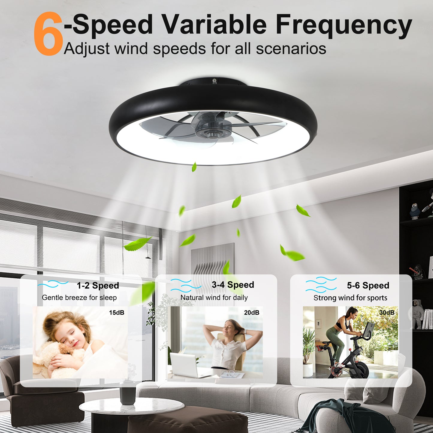 21.7 inch black ceiling fan with LED light - angled view