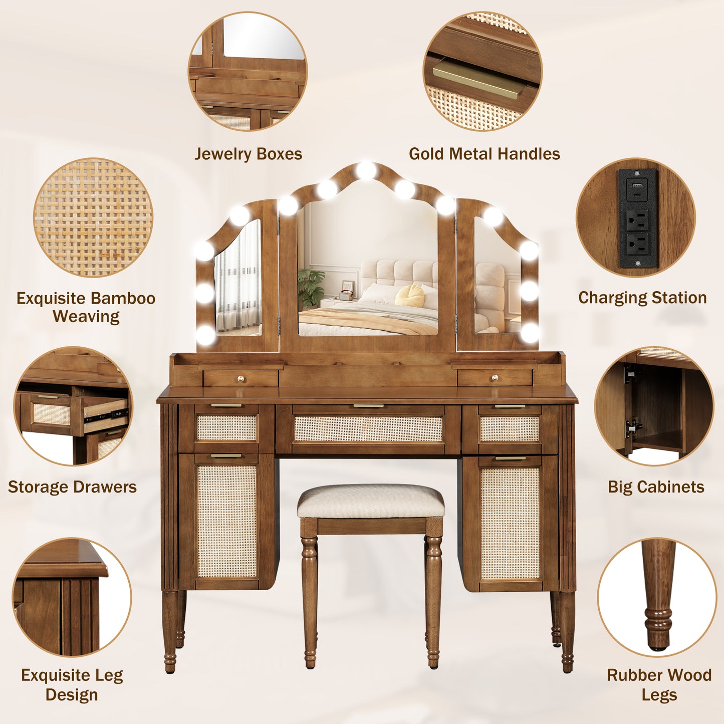 44.37" Makeup Vanity Desk with Stool Set, 13 Hollywood Bulbs & 3 Lighting Modes Dressing Table, Tri-Fold Mirror Large Vanity Table with Cushioned Stool, Charging Station, Ample Storage, Espresso image 5