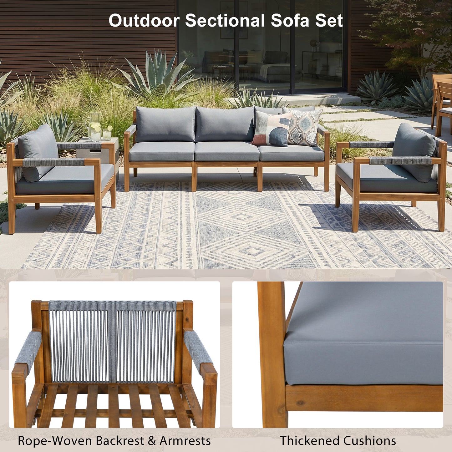 3 Pieces Outdoor Sectional Sofa Set, Rope Woven Patio Conversation Set with Solid Acacia Wood Frame, Water-Resistant Removable Cushions for Backyard, Deck and Poolside, Grey image 8