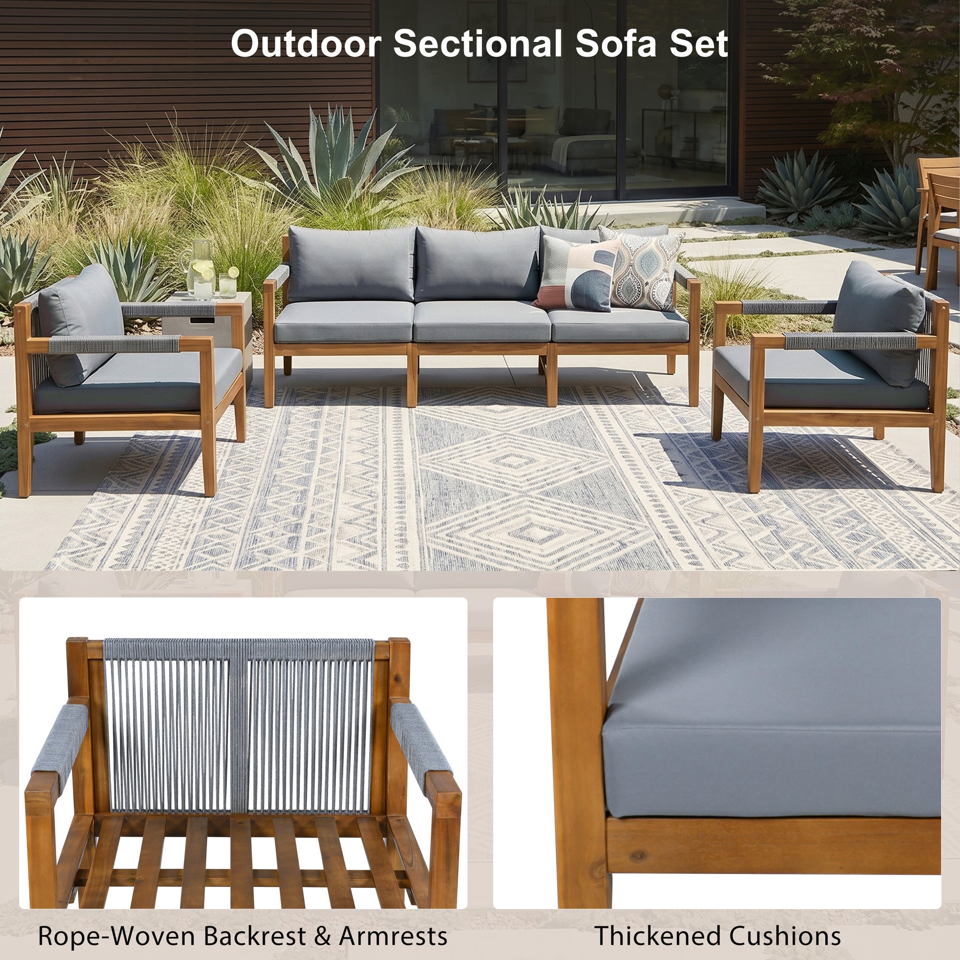 3 Pieces Outdoor Sectional Sofa Set, Rope Woven Patio Conversation Set with Solid Acacia Wood Frame, Water-Resistant Removable Cushions for Backyard, Deck and Poolside, Grey image 8