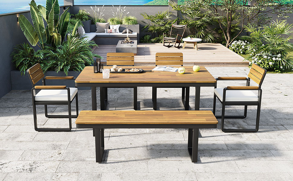6-Piece Outdoor Dining Set, Acacia Wood, 1 Table with 4 Chairs & 1 Bench for 6-7 Person, Comfortable Cushions on Chairs, Adjustable Feet, for Patio, Garden, Backyard Dining, Beige Cushion image 8
