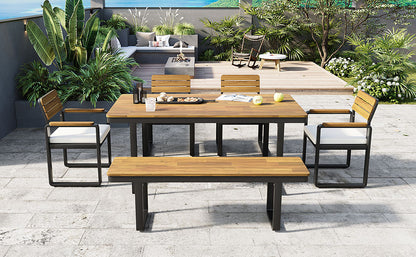 6-Piece Outdoor Dining Set, Acacia Wood, 1 Table with 4 Chairs & 1 Bench for 6-7 Person, Comfortable Cushions on Chairs, Adjustable Feet, for Patio, Garden, Backyard Dining, Beige Cushion image 8