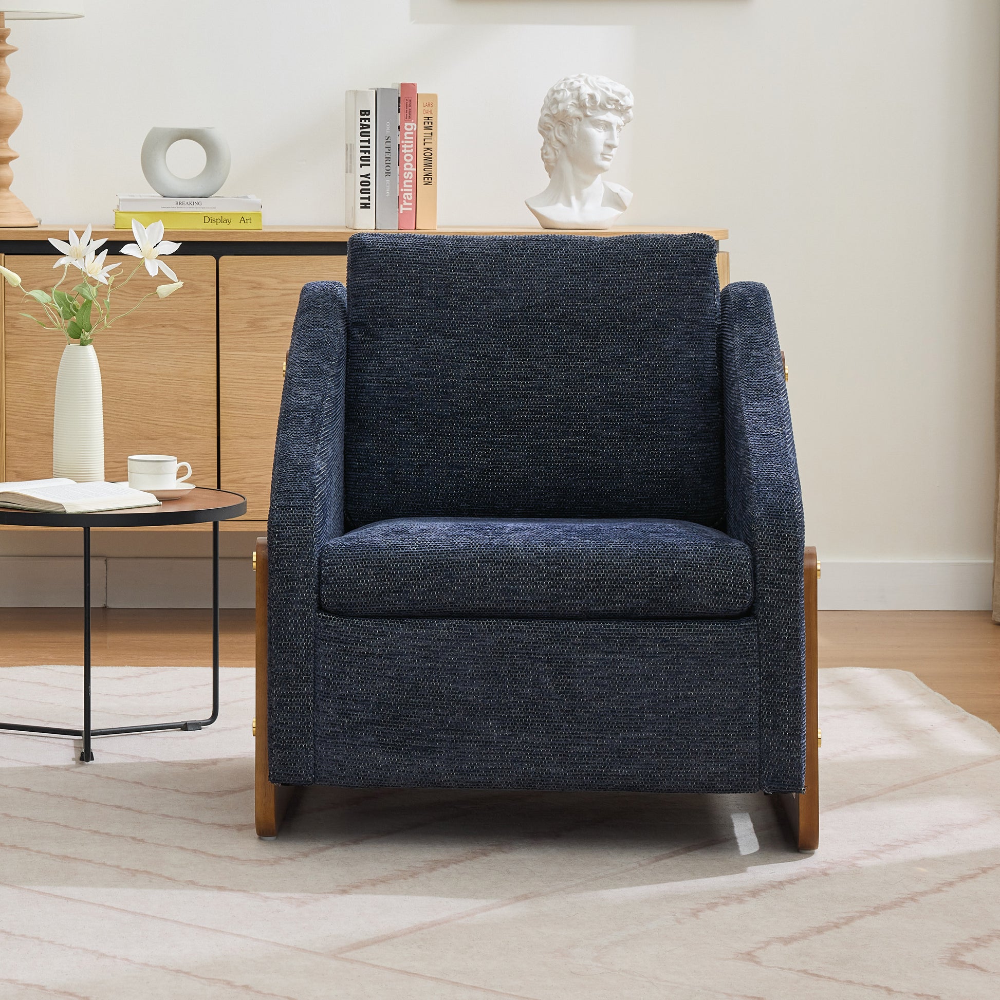 057-Set of 1 Chenille Fabric Modern Upholstered Armchair with Wooden Side Frame, Accent Leisure Chair with Cushioned Seat and Backrest for Living Room, Bedroom,Blue image 8