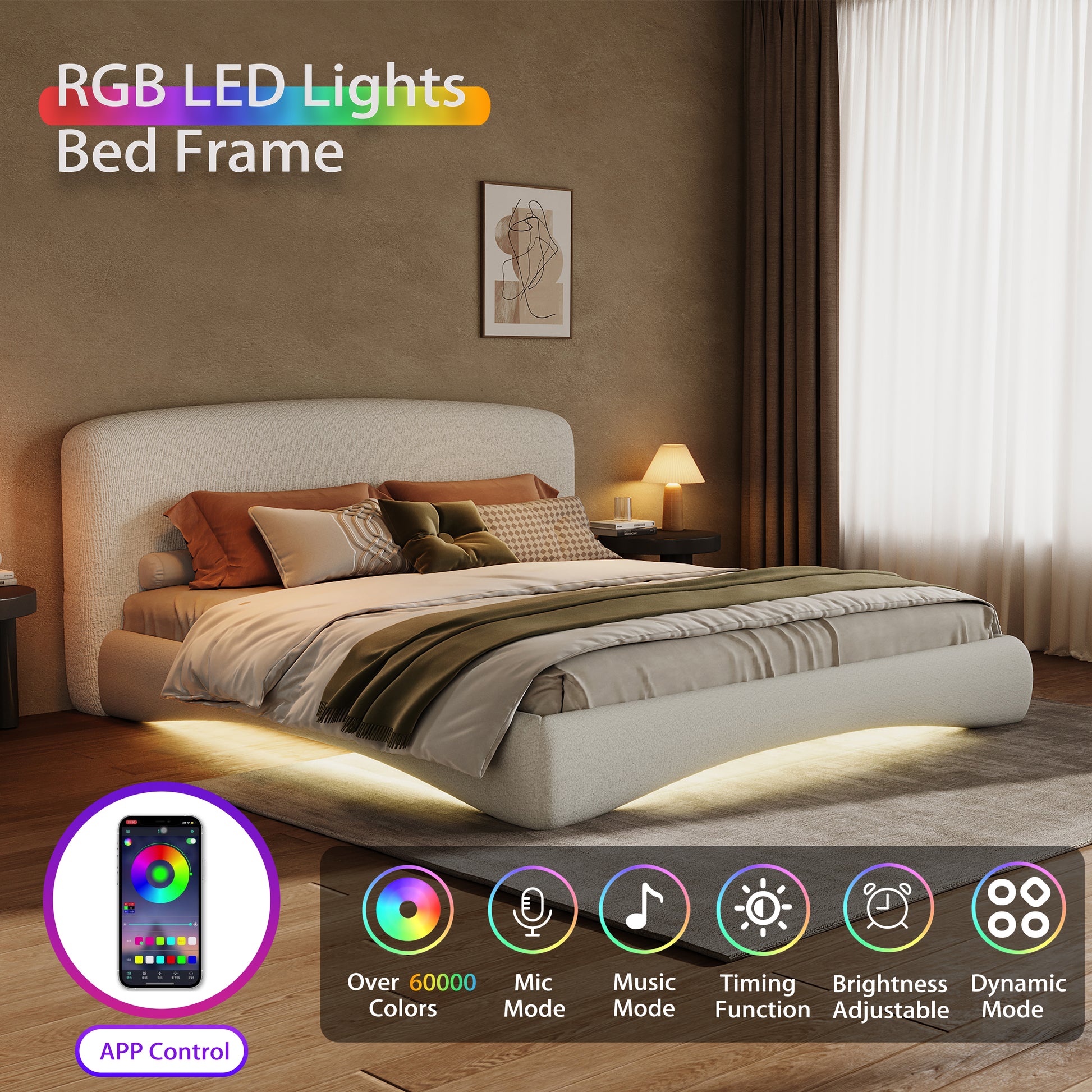 Curved Upholstered Bed with Smart Ambient Lighting,Cream,King image 3
