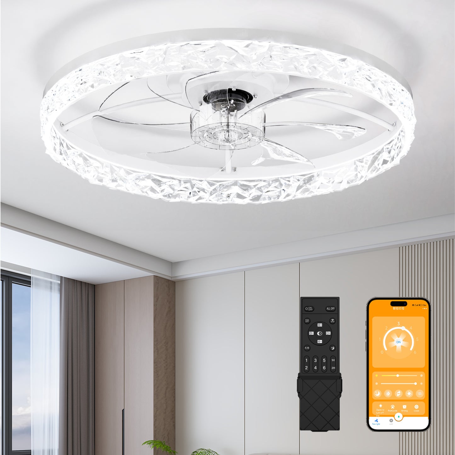 23.6" Ceiling Fans with Lights Remote and APP Control, Dimmable 3-Color and 6-Speed quiet DC Motor, WHITE Ceiling Fan for Bedroom Living Room image 1
