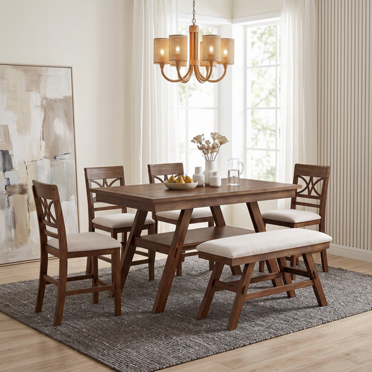 TOPMAX 6-Piece Wood Counter Height Dining Table Set with Storage Shelf, Kitchen Table Set with Bench and 4 Chairs,Rustic Style, Walnut+Beige Cushion (old sku: N717S000257AAD) image 1