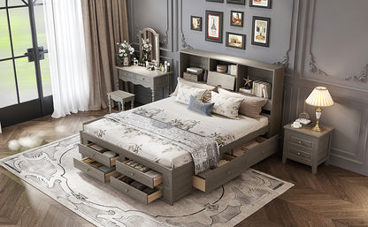 King Size Platform Bed with Storage Headboard and 8 Drawers, Gray image 7