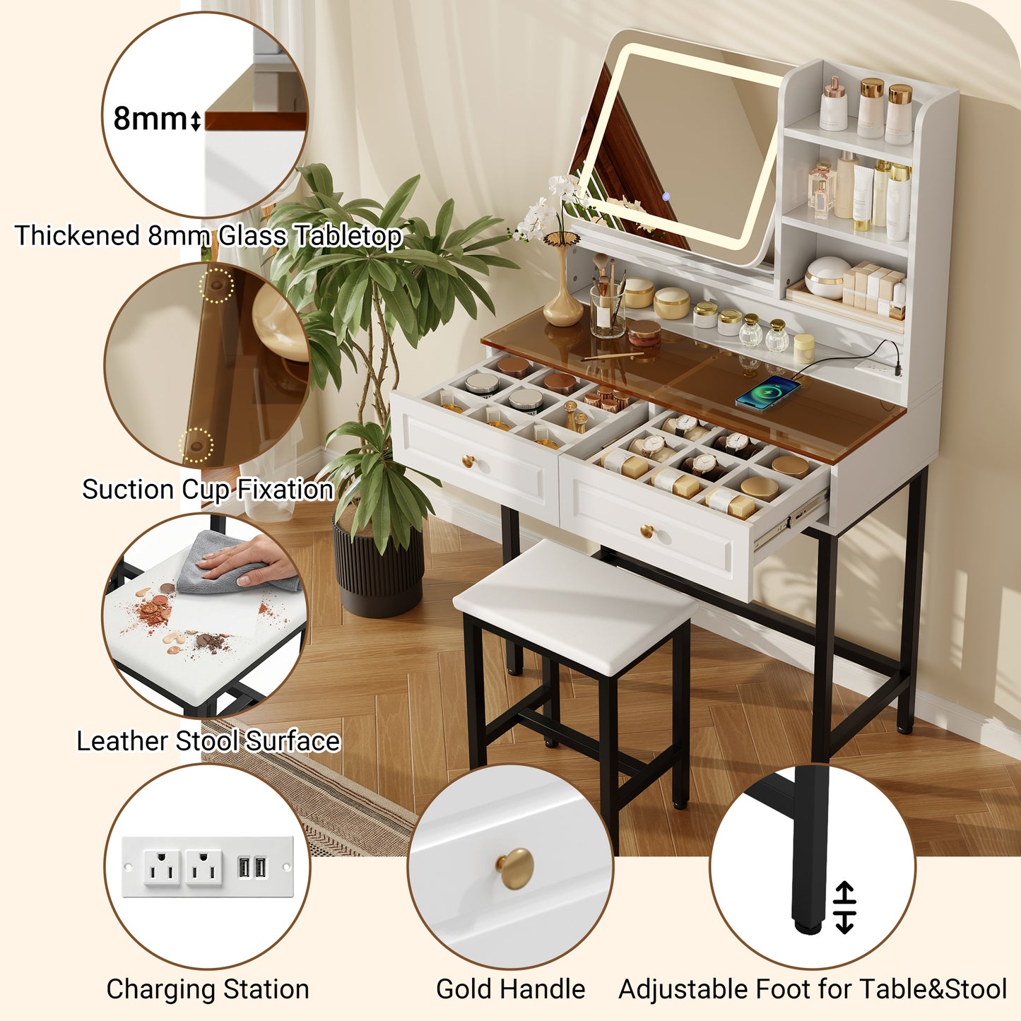 Makeup Vanity with LED Lighted Mirror, 360° Rotatable Mirror, Vanity Desk with 2 Drawers,Power Outlet and 3-Tier Shelves, Amber Glass Table Top, Dressing Table with Sturdy Metal Leg and Stool, White image 4