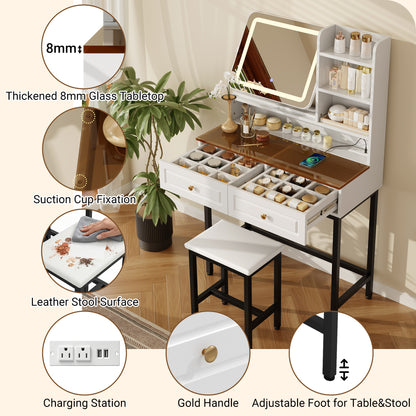 Makeup Vanity with LED Lighted Mirror, 360° Rotatable Mirror, Vanity Desk with 2 Drawers,Power Outlet and 3-Tier Shelves, Amber Glass Table Top, Dressing Table with Sturdy Metal Leg and Stool, White image 4