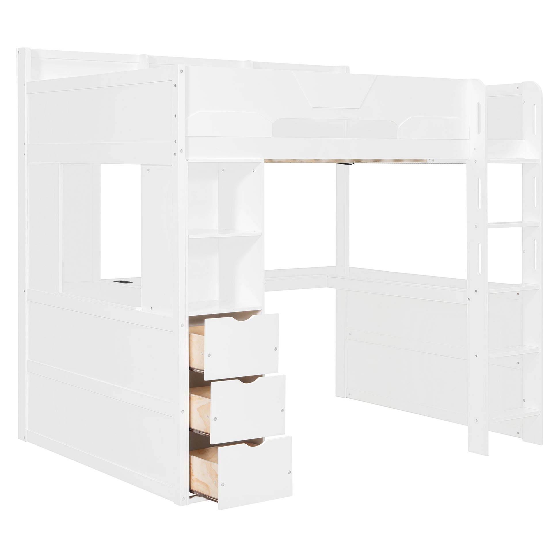 Full Size Wooden Gaming Loft Bed with U-Shaped Desk, Smart RGB LED Lights and USB Ports, Multi-Functional High Sleeper with 3 Drawers and Storage Shelves for Teens Adults, White image 7