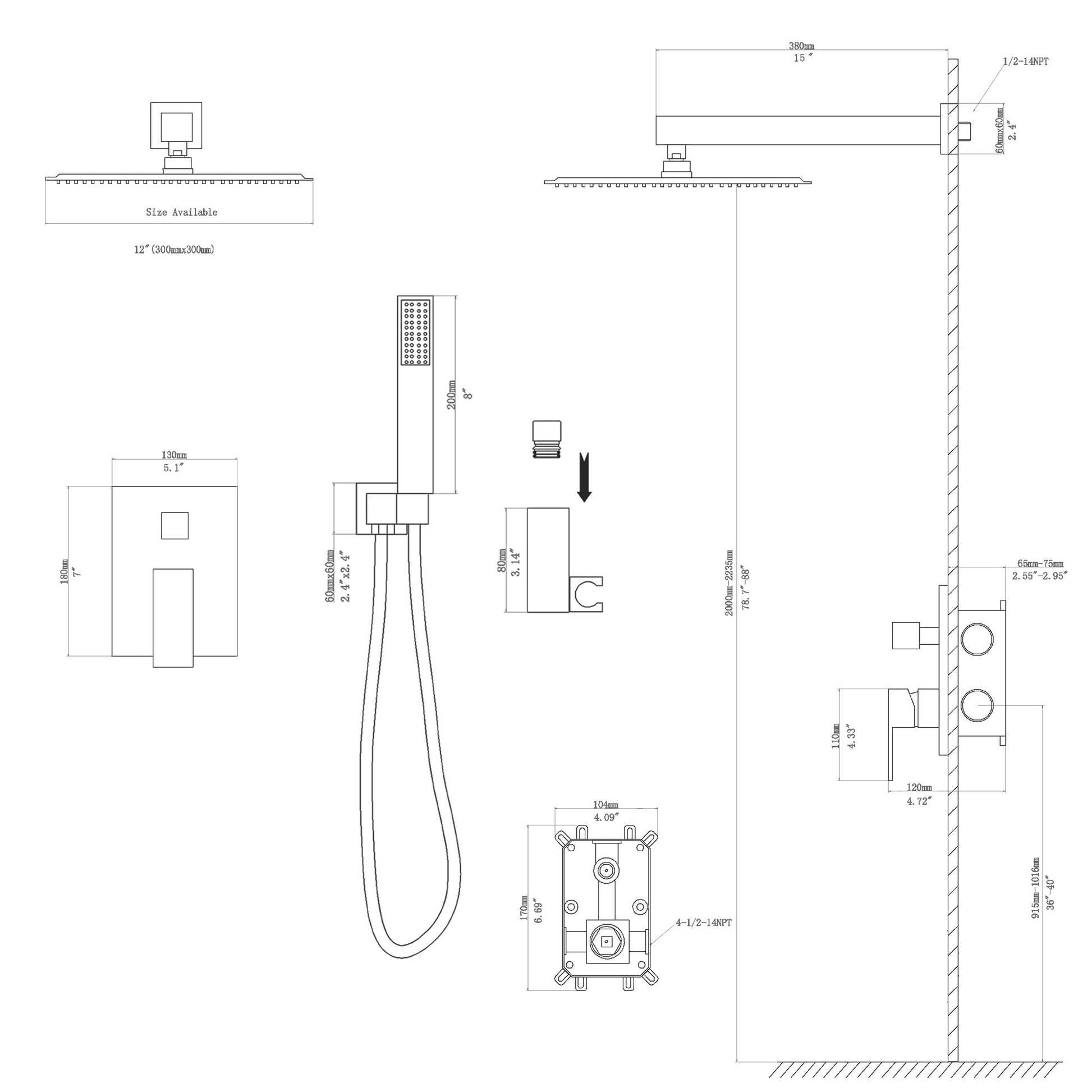 12-inch Wall Mount Square Stainless Steel High Pressure Rain Shower Head Dual Shower Head with Hand Held Spray Combo Sta image 9