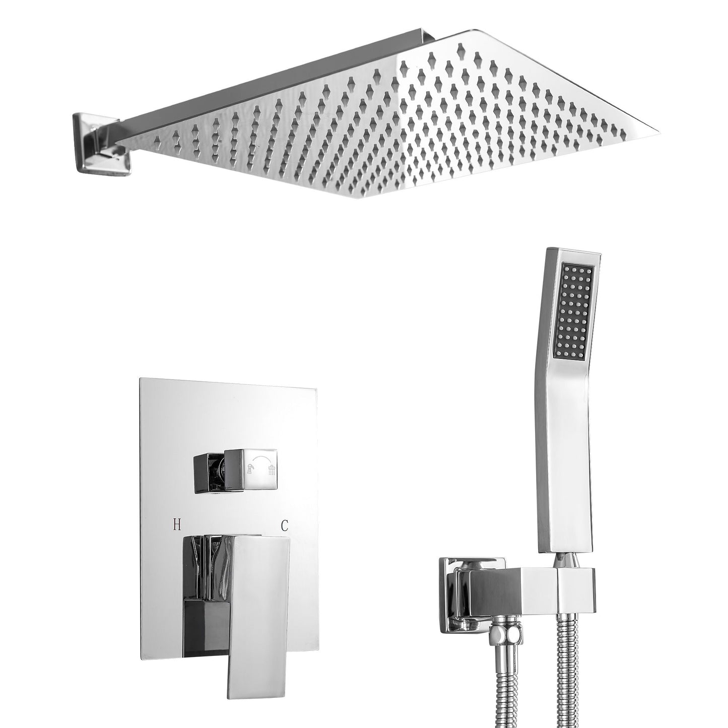 12-inch Wall Mount Square Stainless Steel High Pressure Rain Shower Head Dual Shower Head with Hand Held Spray Combo Sta image 5