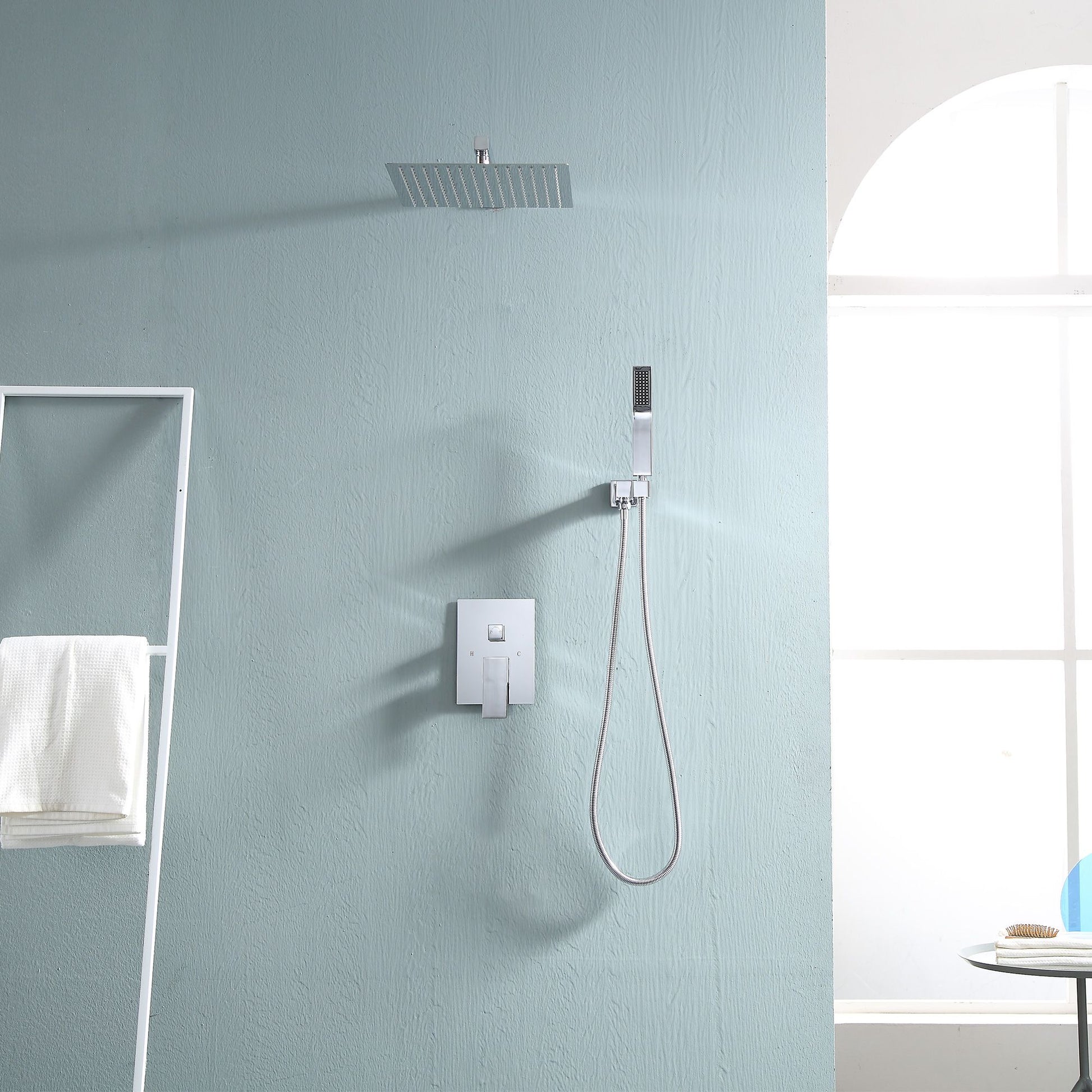12-inch Wall Mount Square Stainless Steel High Pressure Rain Shower Head Dual Shower Head with Hand Held Spray Combo Sta image 2