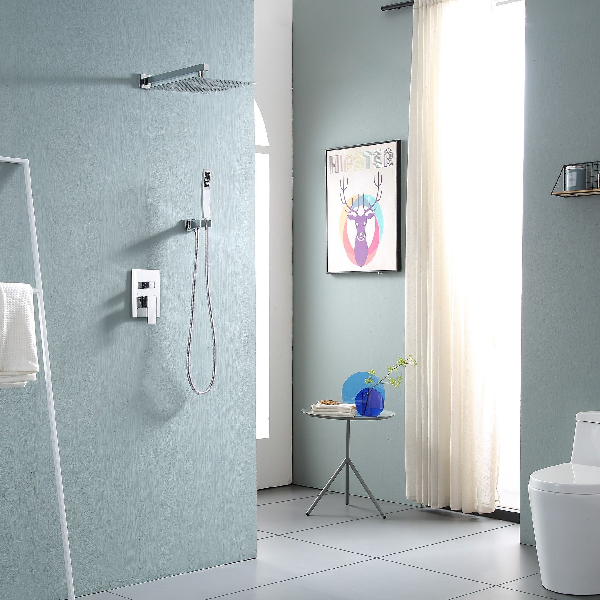 12-inch Wall Mount Square Stainless Steel High Pressure Rain Shower Head Dual Shower Head with Hand Held Spray Combo Sta image 3