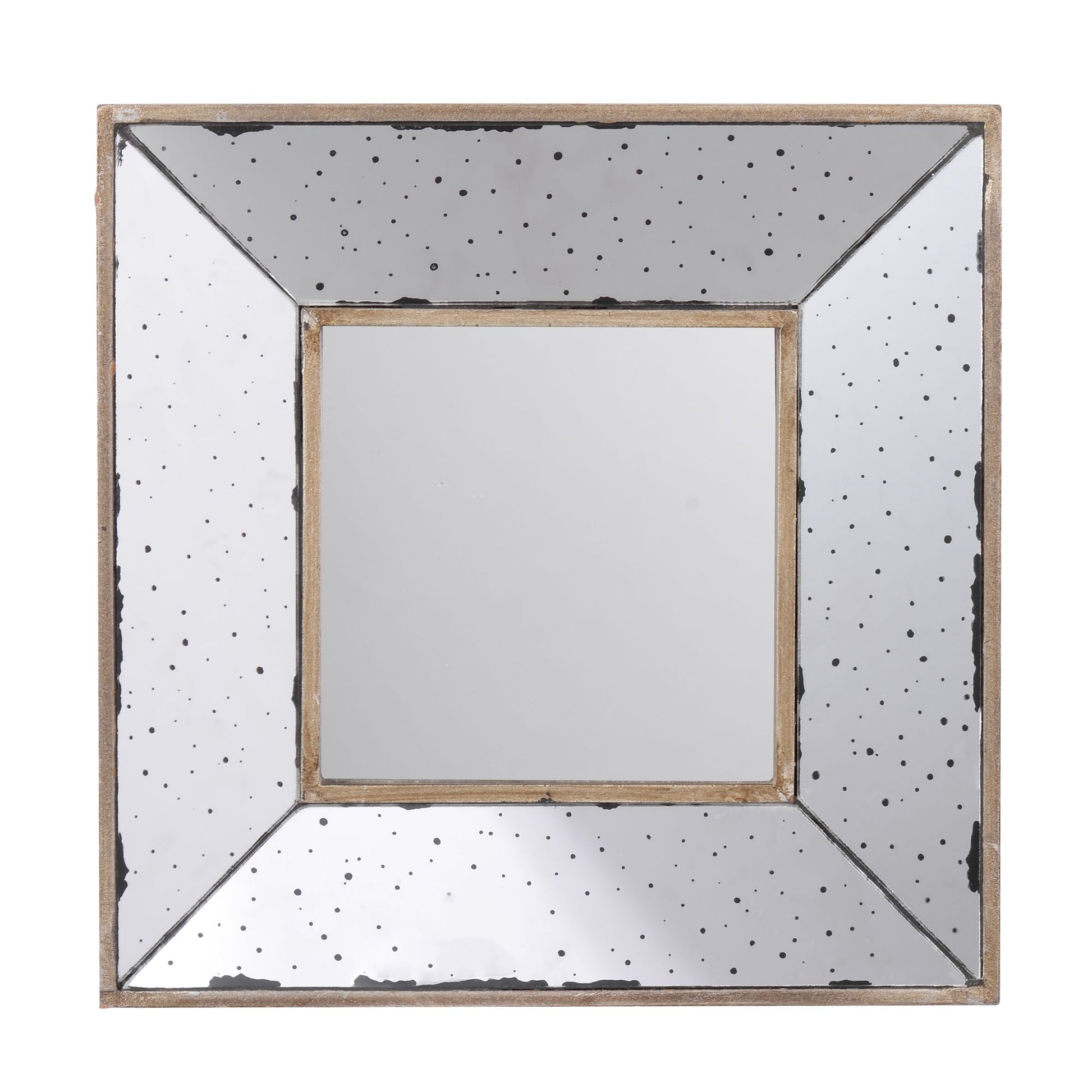 Close-up of distressed silver finish on square accent mirror