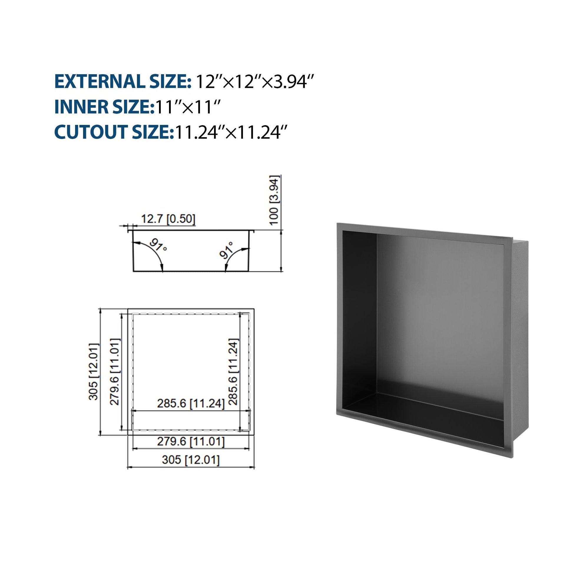 12" x 12" Stainless Steel Shower Niche, Gunmetal Black image 9