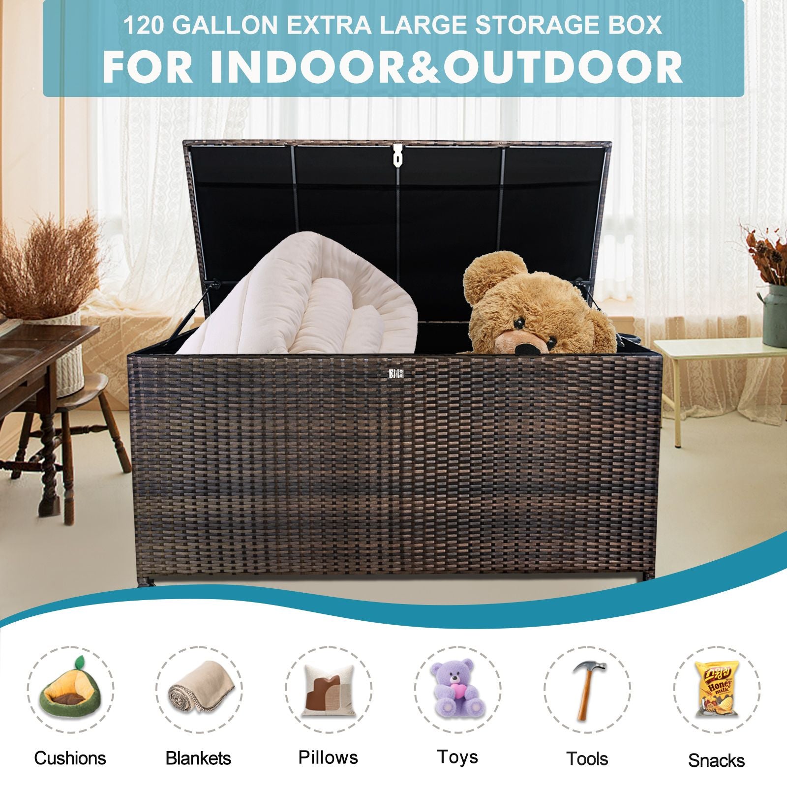120 Gal. Outdoor Wicker Storage Box Waterproof, Resin Rattan Deck Box for Patio Garden Furniture, Outdoor Cushion Storag image 2