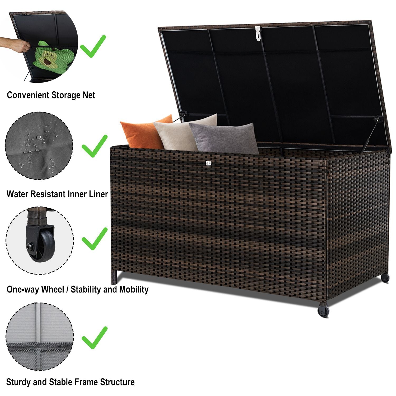 120 Gal. Outdoor Wicker Storage Box Waterproof, Resin Rattan Deck Box for Patio Garden Furniture, Outdoor Cushion Storag image 4