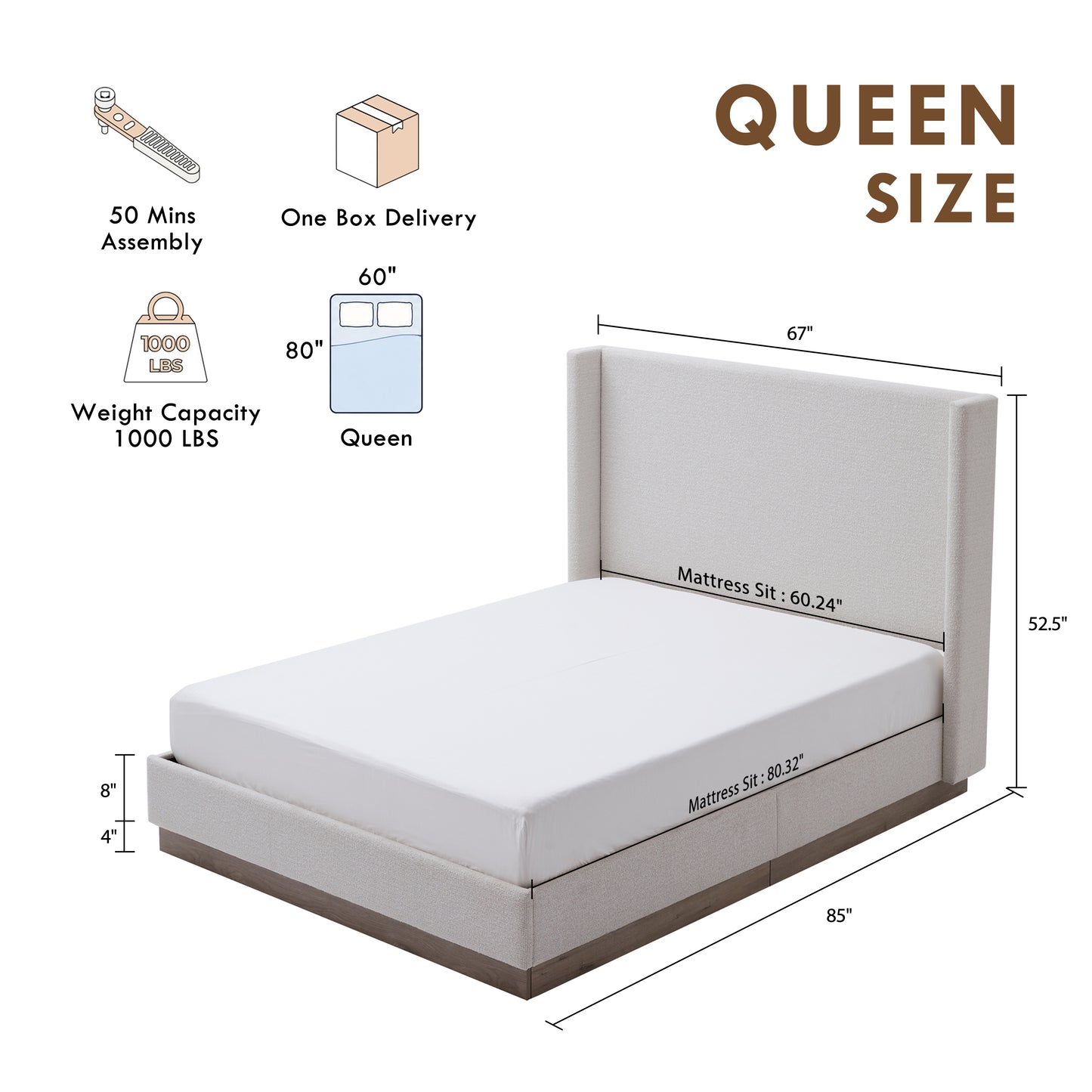 Hosford Upholstered Wingback Bed / Upholstered Wood Base Platform Bed / 52.5" High Headboard / Minimalist / Rusticity / No Box Spring Needed / Queen / Cream White Boucle / No Noise image 8