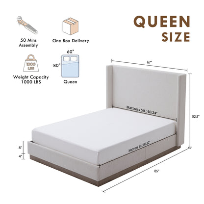 Hosford Upholstered Wingback Bed / Upholstered Wood Base Platform Bed / 52.5" High Headboard / Minimalist / Rusticity / No Box Spring Needed / Queen / Cream White Boucle / No Noise image 8