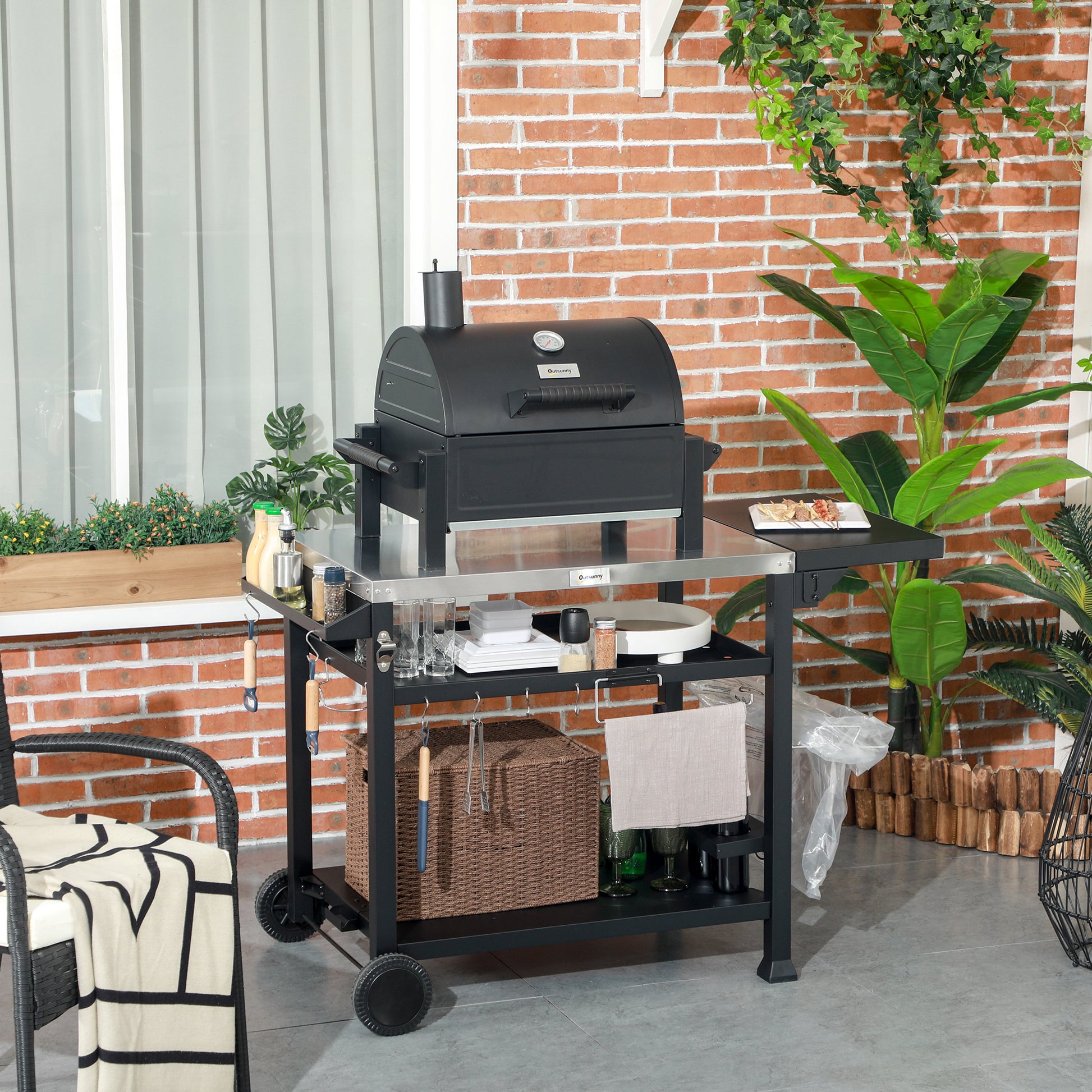 Outsunny Outdoor Grill Cart with Foldable Side Table, 46" x 21.75" Multifunctional Stainless Steel Pizza Oven Stand with Three-Shelf, Movable Food Prep Table on Wheels, Black image 2