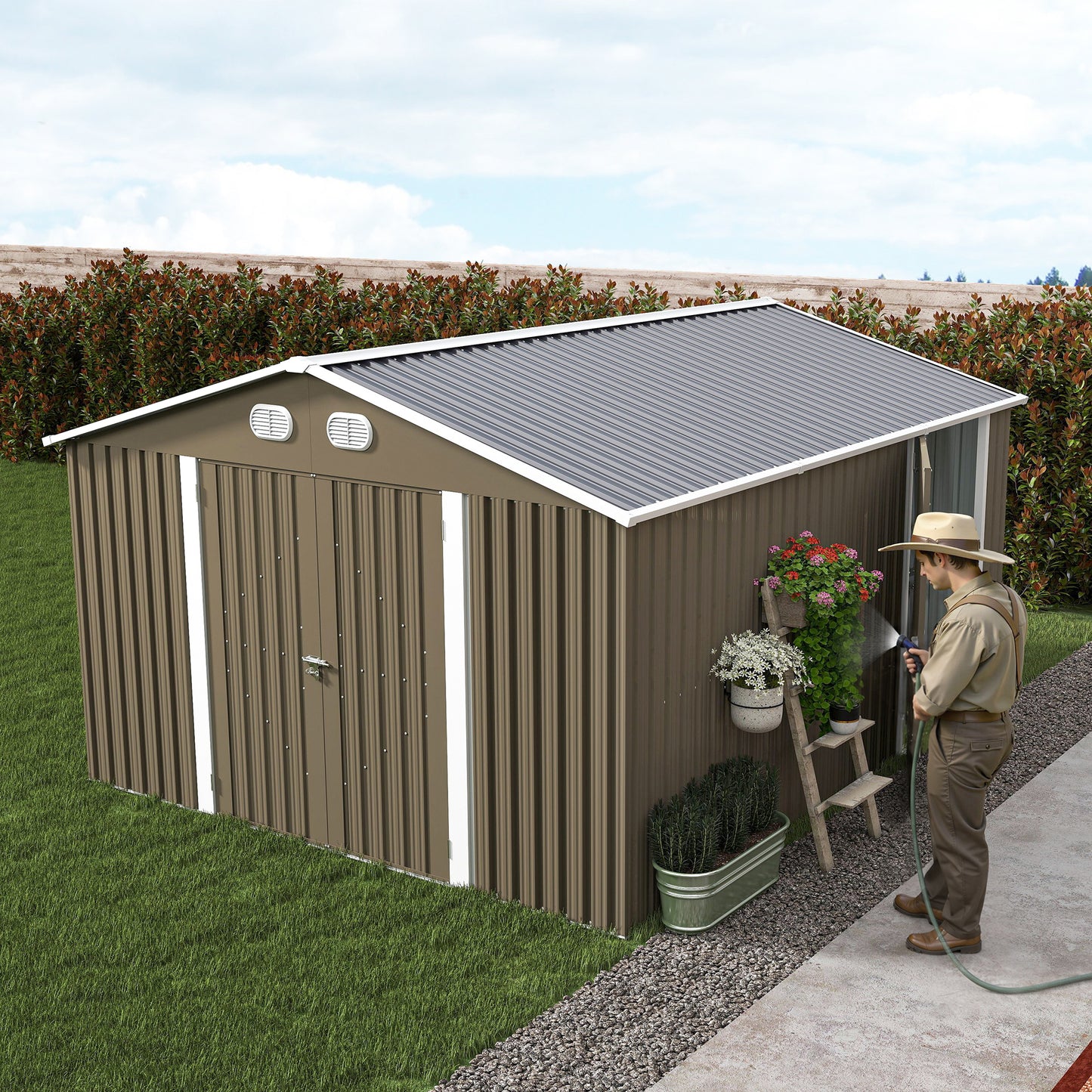 10x12 FT Outdoor Metal Storage Shed, Large Storage Sheds with Sturdy Frame Structure, Metal Garden Tool Shed with Lockable Door for Garden,Gift a foldable flower pot stand, Backyard,BROWN image 10