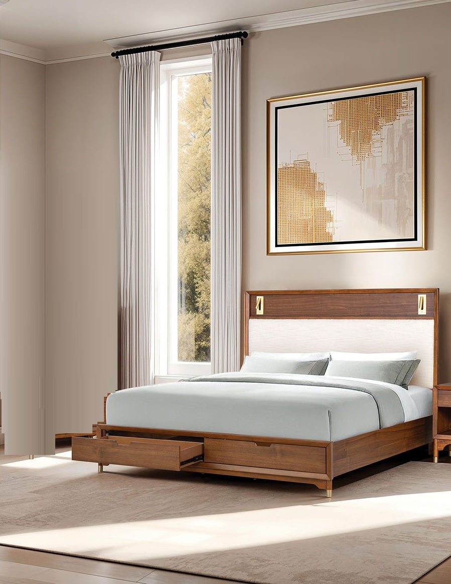 Mid-Century Modern 1pc Eastern King Size Bed w Storage Drawers Walnut Solid wood Upholstered HB Reading Light Bedroom Furniture image 2