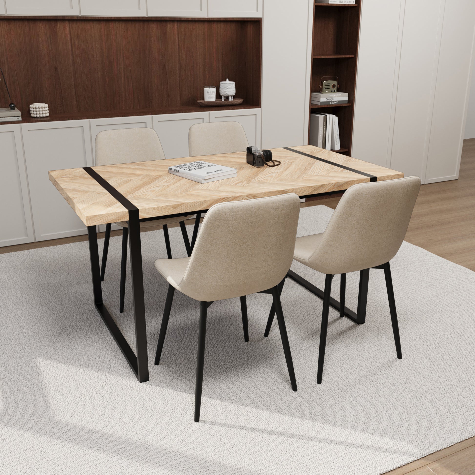 59" MDF light wood dining table and modern dining chair 4-piece set, medieval wooden kitchen dining table set, rectangular metal base, dining table and suede chair image 3
