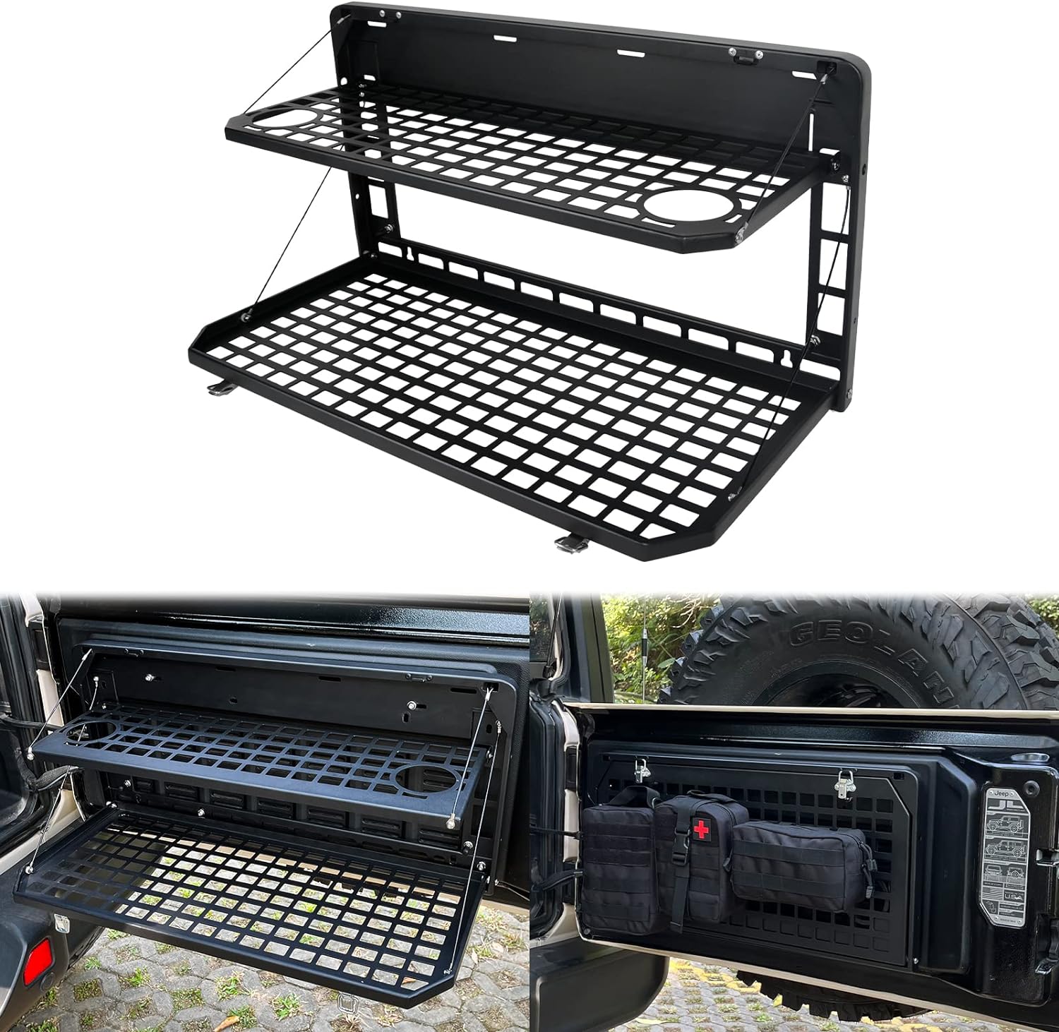 2-Tier Tailgate Table Rear Foldable Storage Cargo Rack Outdoor Camping Desk for 2007-2026 Jeep Wrangler JK&JL 4 Door (Not Fit JK Models with Stock Subwoofer) image 5