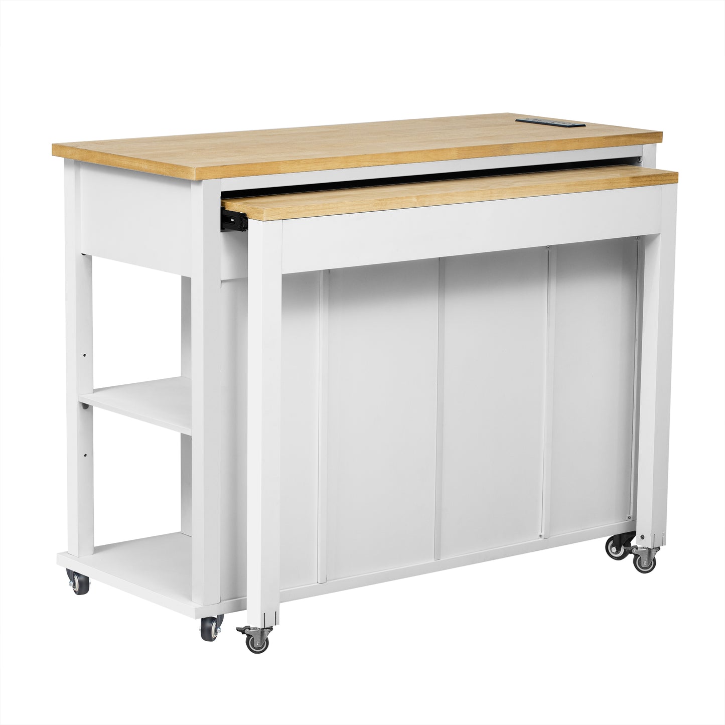 K&K 47 inch Kitchen Island with Extendable Dining Table, Rubber Wood Veneer Kitchen Table with Internal Storage Rack, Power Outlet, Kitchen island with Storage 2 Drawers 2 Cabinet,White image 11