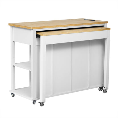 K&K 47 inch Kitchen Island with Extendable Dining Table, Rubber Wood Veneer Kitchen Table with Internal Storage Rack, Power Outlet, Kitchen island with Storage 2 Drawers 2 Cabinet,White image 11