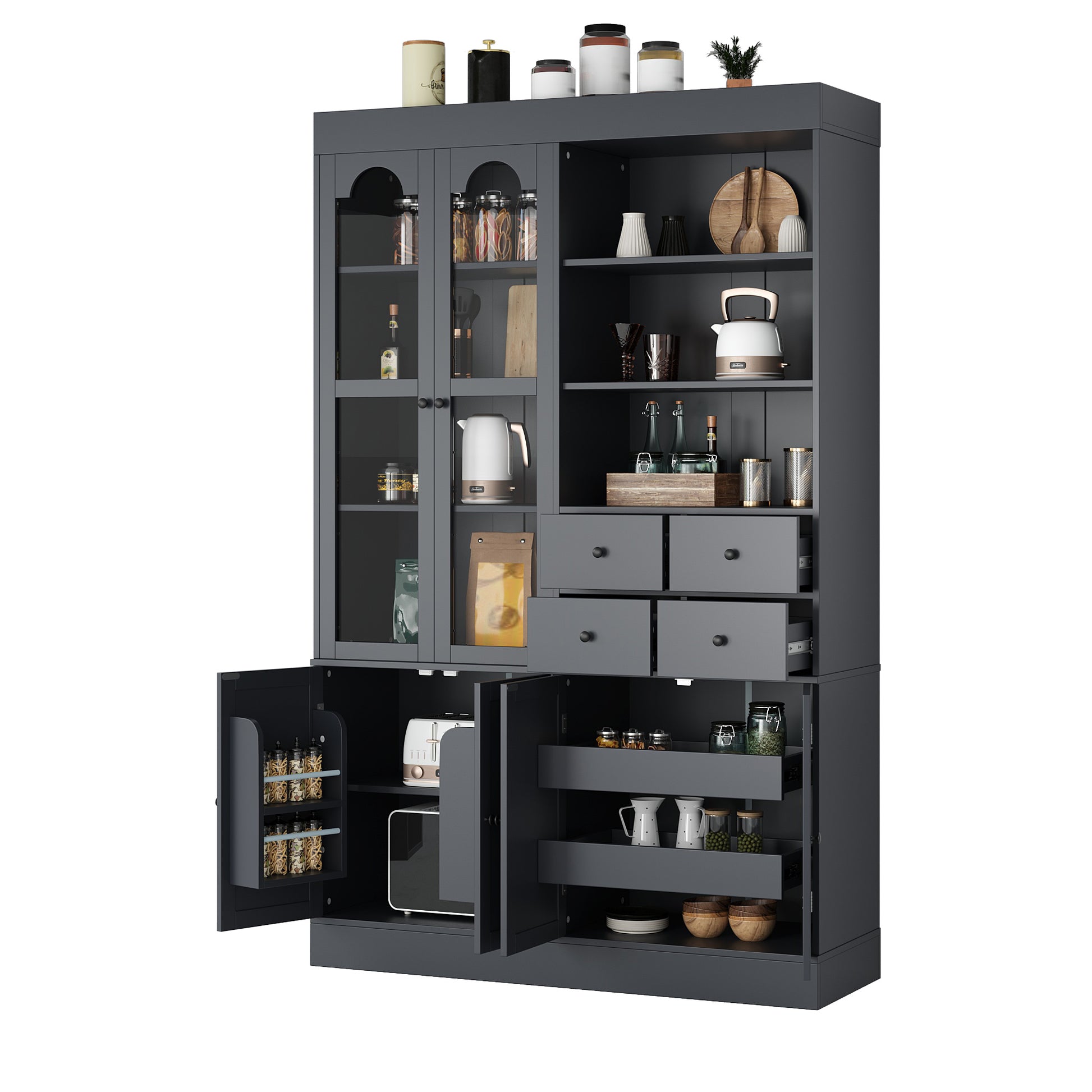 [Assembly Video Provided] TOPMAX 47.2x15.7x75inch Freestanding Buffet with Hutch, Tall Kitchen Pantry Cabinet with 4 Drawers, Door Shelves and Pull-out Trays for Dining room, Living Room, Gray image 12