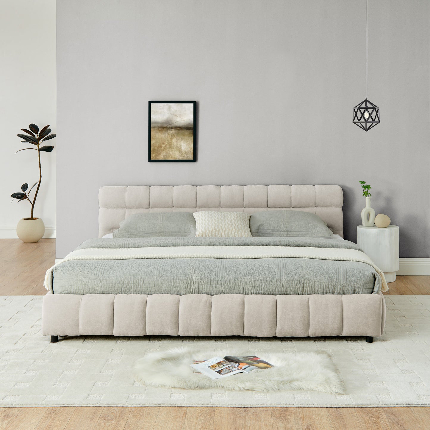 King Size Upholstered Bed,comfortable upholstered bed frame, Chenille fabric, with headboard and solid bed frame. With drawer for storage.-Beige(88.5''*85.5''*31'') image 6