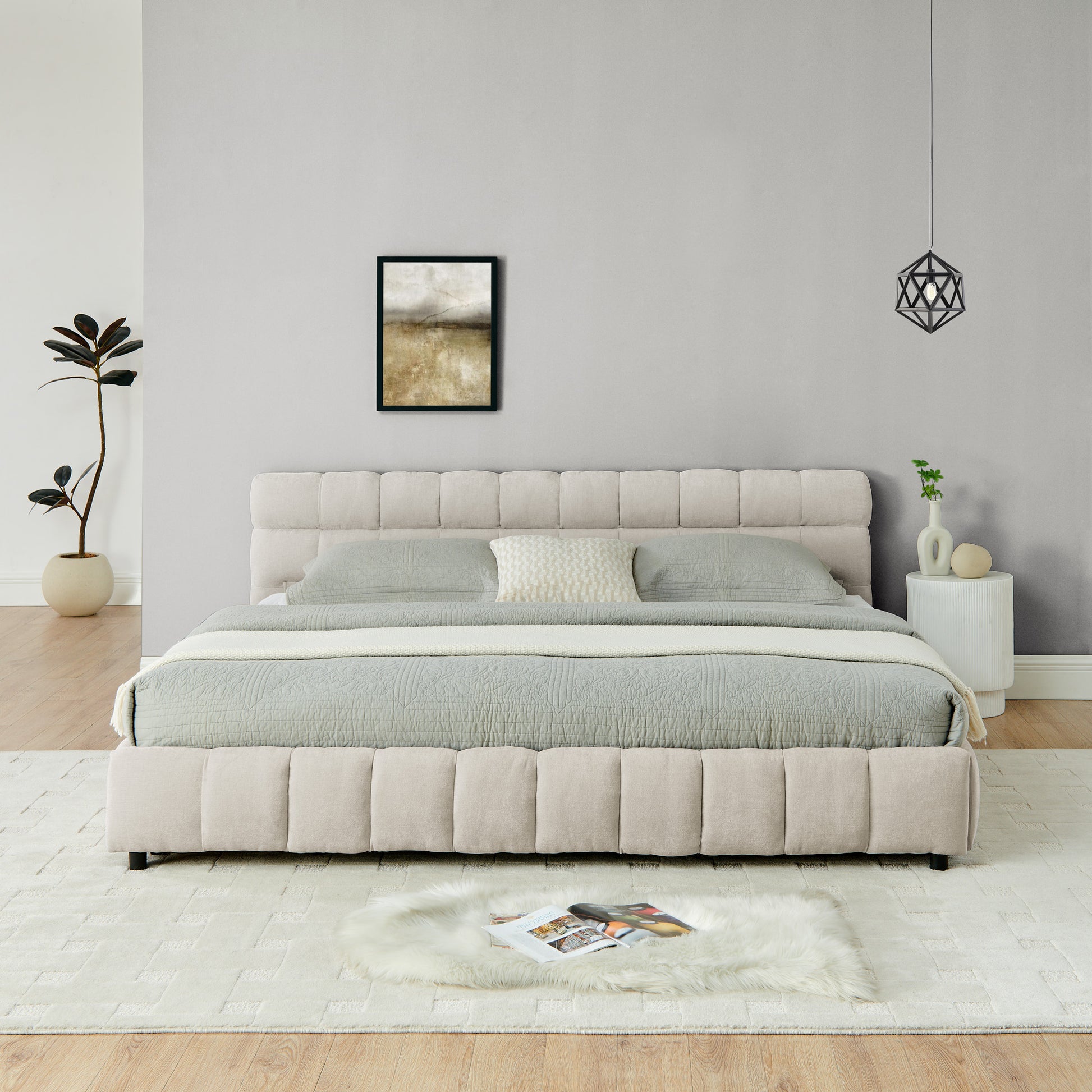 King Size Upholstered Bed,comfortable upholstered bed frame, Chenille fabric, with headboard and solid bed frame. With drawer for storage.-Beige(88.5''*85.5''*31'') image 6