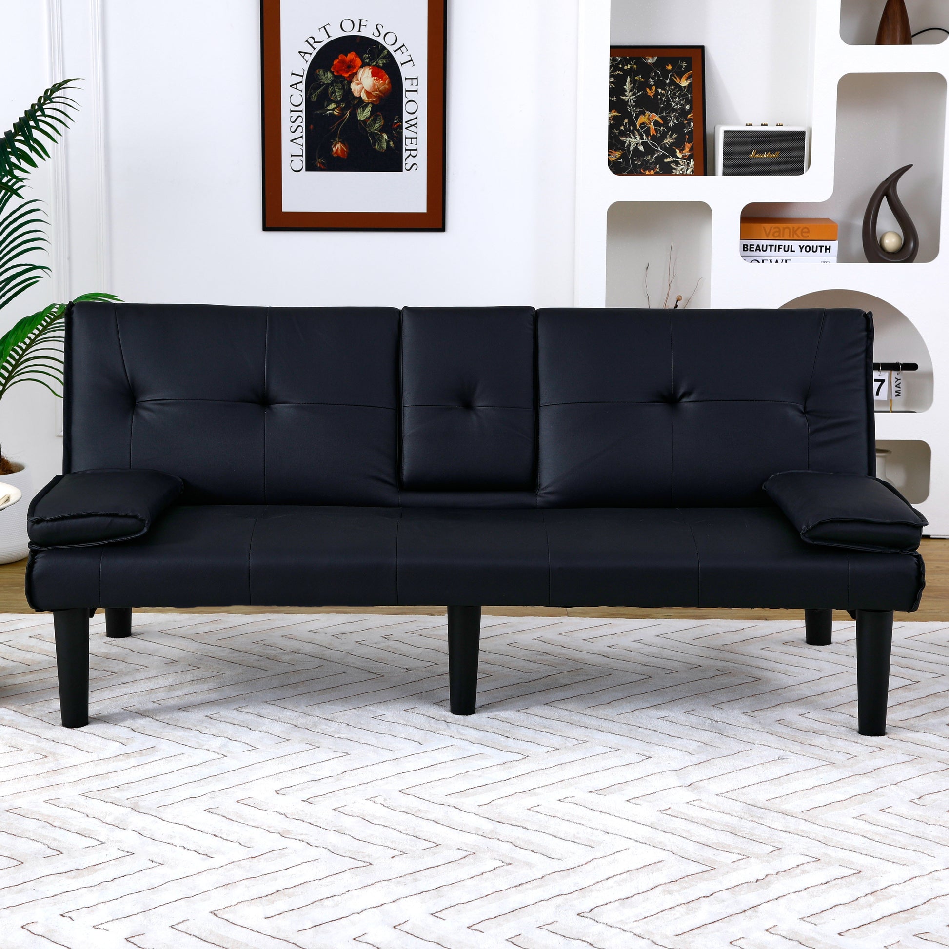 The 67-inch black PVC multi-functional sofa bed with a foldable and cup holder design makes it extremely convenient to turn the living room into a guest room image 10
