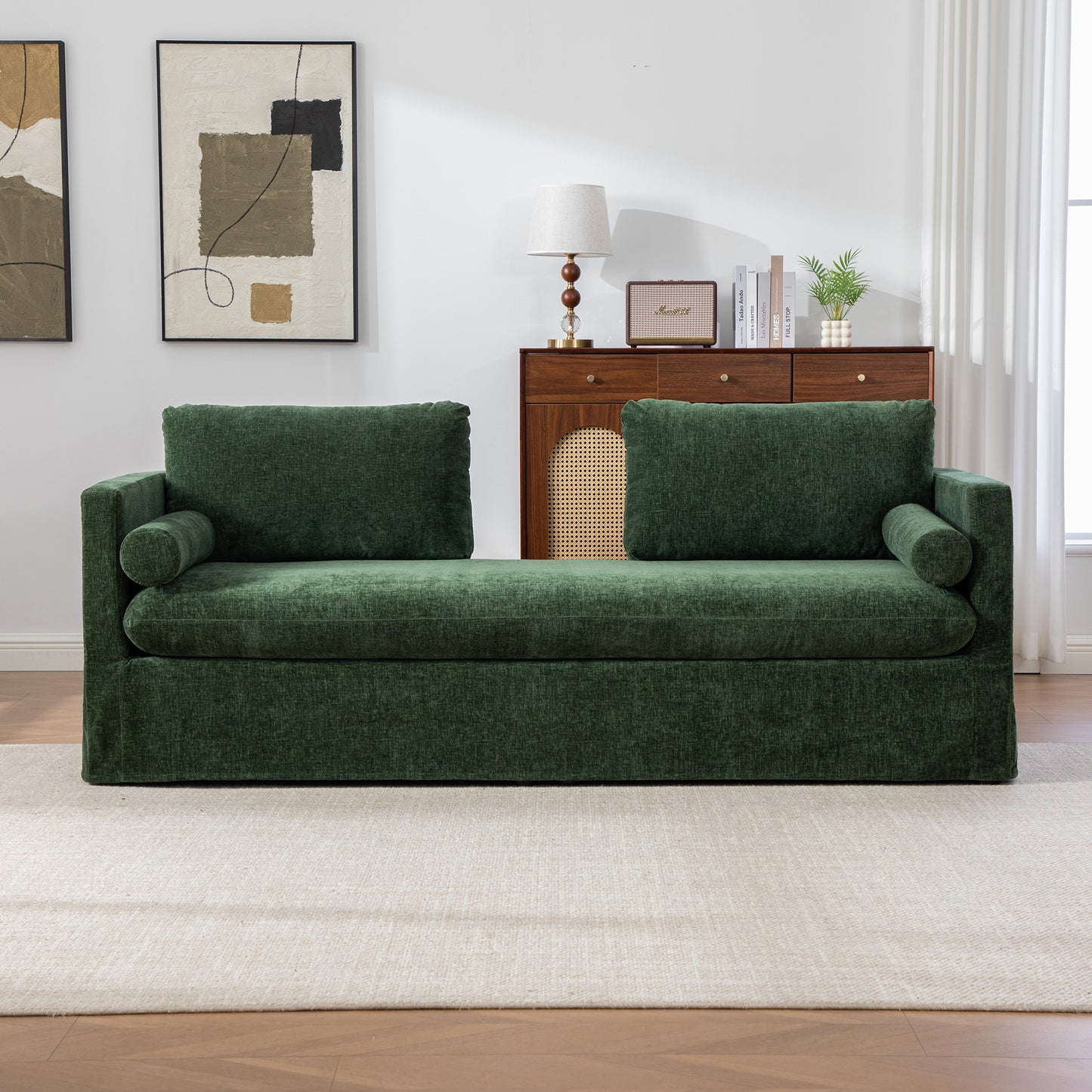 82.68" Wide Extra-large Double-seater Sofa, Chenille Upholstered, With Two Armrest Pillows And Two Backrest Pillows, Suitable For Bedrooms, Living Rooms, And Window Seating.Green image 2
