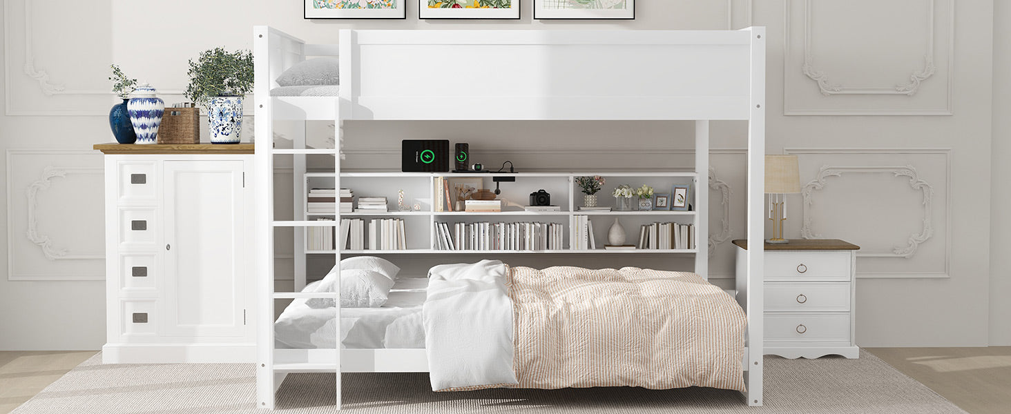 Queen over Queen Bunk Bed with Storage Cabinets and USB Ports, White image 9