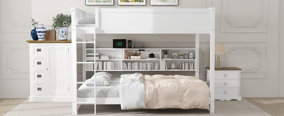 Queen over Queen Bunk Bed with Storage Cabinets and USB Ports, White image 9