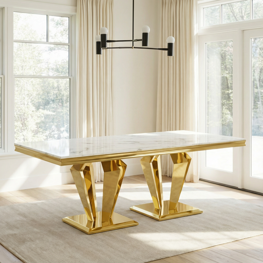 MDF Marble Top Dining Table for 6 white Gold 66.9" Polished Stainless Steel with Diamond-Shaped Base, Modern Large Long Dining Room Table image 1