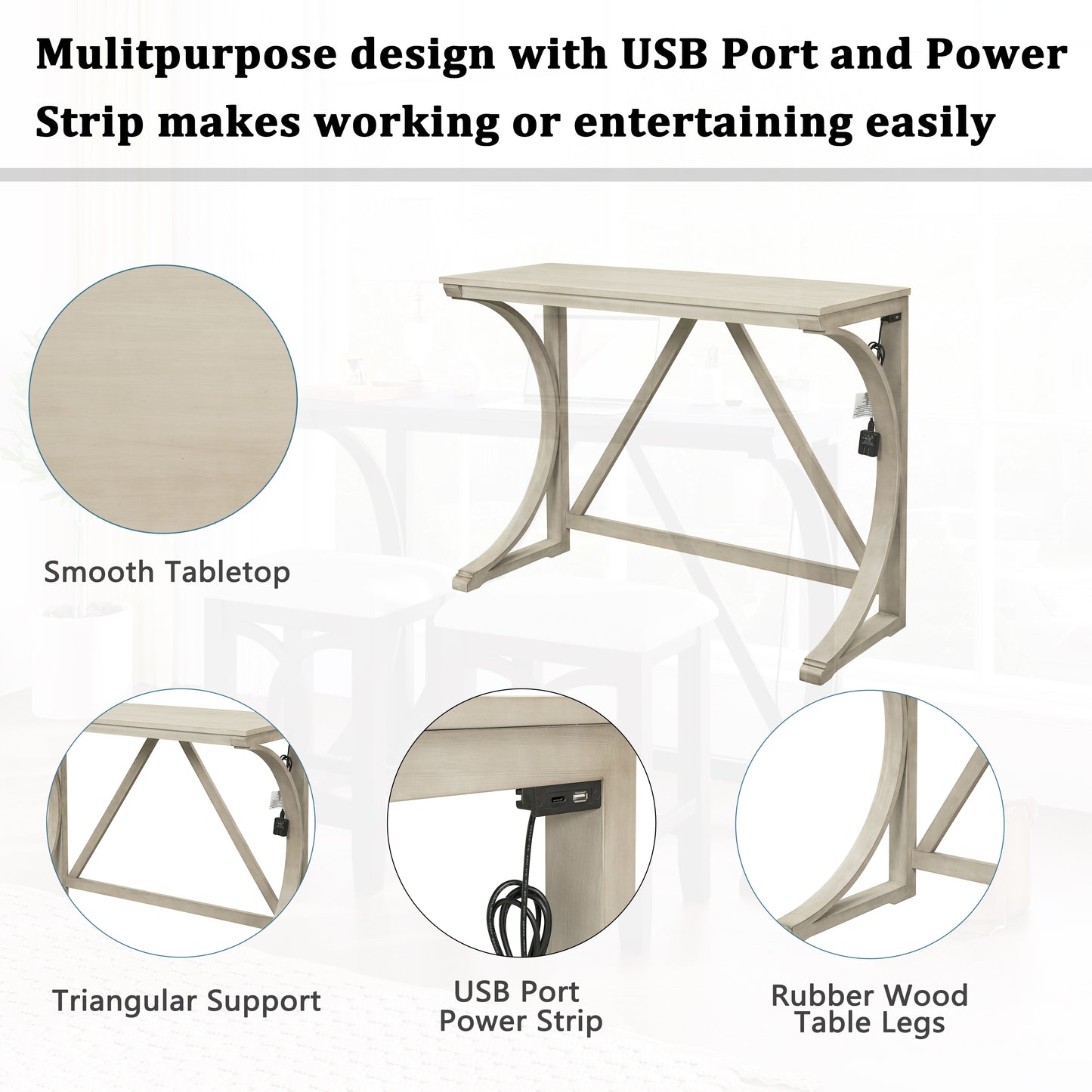 TOPMAX Farmhouse 3-Piece Counter Height Dining Table Set with USB Port and Upholstered Stools,Milky White image 4
