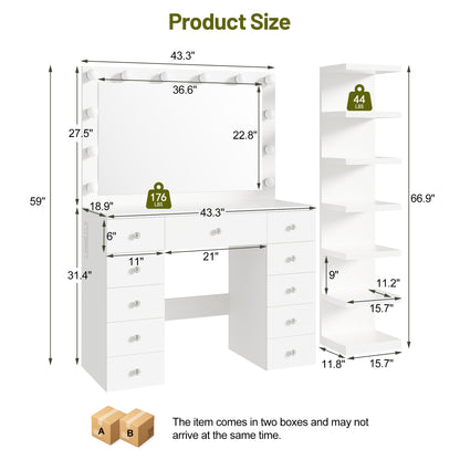 Vanity Desk with 11 Hollywood Bulbs & 7-Tier Storage Shelves, Makeup Vanity Desk with Power Outlet and 11 Drawers, 3 Color Lighting Modes, Dressing Table with Display Shelf Crystal Handles,White image 7